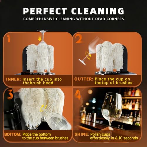 Commercial Glass Polisher Machine with 6 Microfiber Brushes, 330 Cups/Hour, 136℉ Warm Air Drying & LFGB Certified Heads, Stainless Steel Build for Wine Beer Glasses in Bar (Black SS)