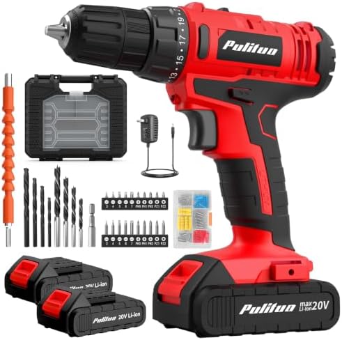 PULITUO 20V Cordless Drill Set, 2 Batteries Electric Screwdriver, 30Nm Power Drill Driver, 21+1 Torque, 2 Speed, 3/8"Keyless Chuck, power Drill with LED Light, Drill Driver Kit for Home (Red)