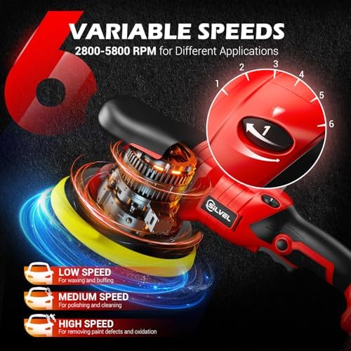 SILVEL Cordless Car Buffer Polisher, 2 X 2000mAh 24V Batteries, 2800 - 5800 RPM Car Polishing Kit with 5 Inch Car buffer Waxer Kit, Car Polishing Machine,6 Variable Speed for Car Detailing