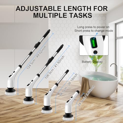 Electric Spin Scrubber, Cordless Cleaning Brush with 9 Replaceable Heads, 90 mins Work time 3 Adjustable Retractable Handle 2 Speeds Power Shower Scrubberr for Cleaning Bathroom,Floor,Tub,Kitchen