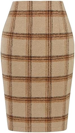 IDEALSANXUN Plaid Skirts for Women Fall Winter Knee Length Pencil Wool Skirt with Slit