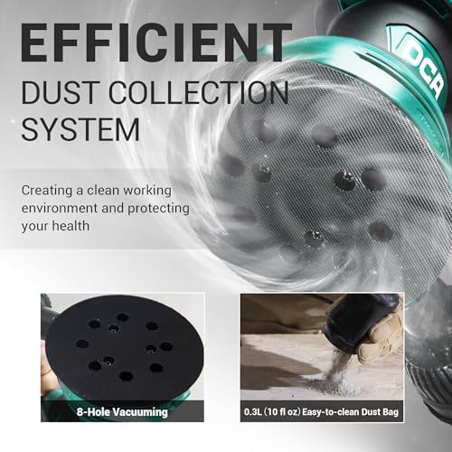 DCA Random Orbital Sander, 3.0 AMP Corded Palm Sander, 6 Speeds Max 12,000 OPM, 5-Inch with 10 pcs Sandpapers, Dust Bag, Low Vibration for Woodworking, Decoration Furniture (ASA125)