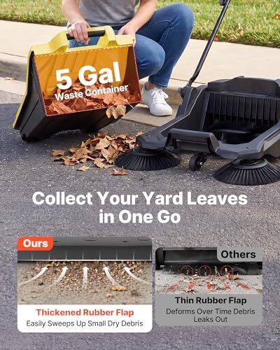 VEVOR Walk-Behind Hand Push Floor Sweeper, Manual Floor Sweeper Non-Electric with 25.6" Sweeping Width, 5 Gallons Waste Container & Adjustable Folding Handle for Yards Walkways Patios Garages - Yellow
