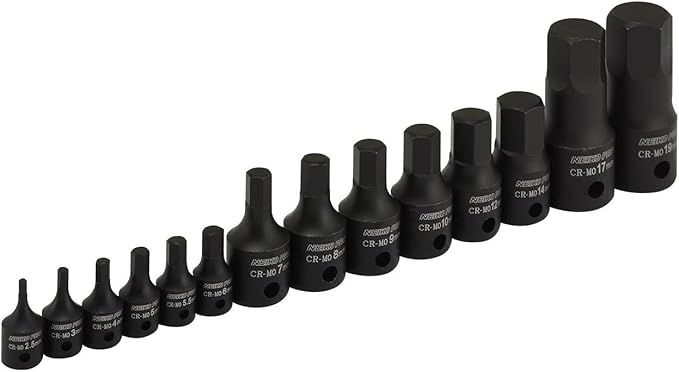 NEIKO 01141B Allen-Bit Socket Set, Metric Socket Set, 2.5 mm to 19 mm, 1/4-Inch, 3/8-Inch, and 1/2-Inch Drive, CrMo Steel, Impact-Grade, 14-Piece Set