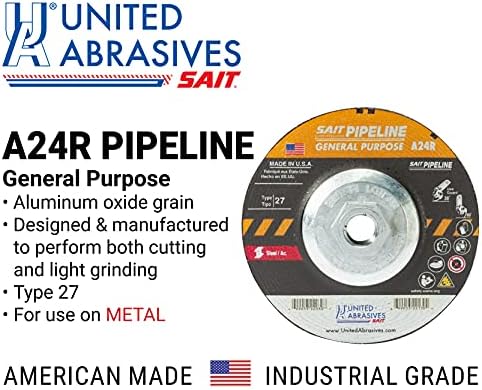United Abrasives-SAIT 22052 A24R General Purpose Pipeline Wheel (Type 27 Depressed Center) 7" x 1/8" x 5/8-11", 10-Pack