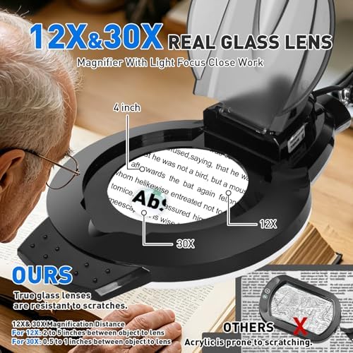 KIRKAS LED Magnifying Lamp with Clamp, 2,200 Lumens Dimmable 35in 12X 30X