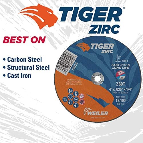 Weiler 58014 4-Inch Cutting Wheel, Tiger Zirc Metal Fast Cut & Long Life, High Performance Cutting, 0.035" Z60T Type 1 1/4" Arbor (Pack of 25)