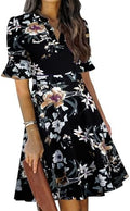 Mokayee Womens Summer V Neck Ruffle Short Sleeve Fit and Flare Knee Length Church Wedding Guest Dresses with Pockets