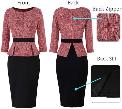 VFSHOW Womens Work Business Office Front Zipper Peplum Church Sheath Dress