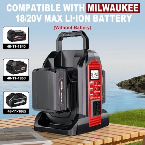 Choerinton 350W Power Inverter for Milwaukee18V Battery, 2-Port DC to AC 110-120V Inverter with LED Light, 3 USB-A,1 USB-C, DC and AC Ports, Portable Battery Inverters for Outdoor Use(Tool Only)