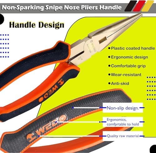 WEDO Needle Nose Pliers Non-Sparking, 150mm Precision Long Nose Pliers, Snipe Nose Plier with Wire Cutters, BAM & FM Certificate, Aluminum Bronze
