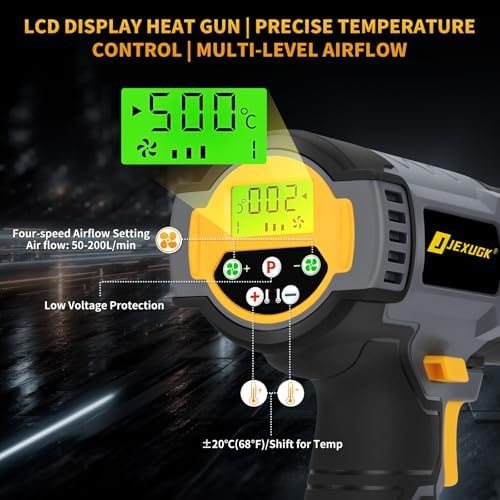 JEXUGK LCD Heat Gun Cordless, Portable Wireless Hot Air Gun with 2 x 6.0Ah Battery, 140℉-1004℉ Rechargeable Pistola De Calor Inalambrica with 4 Nozzles for Vinyl Automotive Paint Removal Shrink Wrap