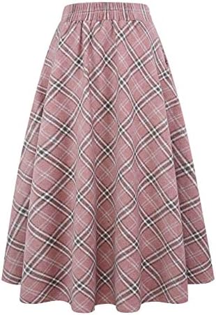 IDEALSANXUN Womens Plaid Wool Skirts Elastic Waist A-Line Pleated Tartan Long Skirts