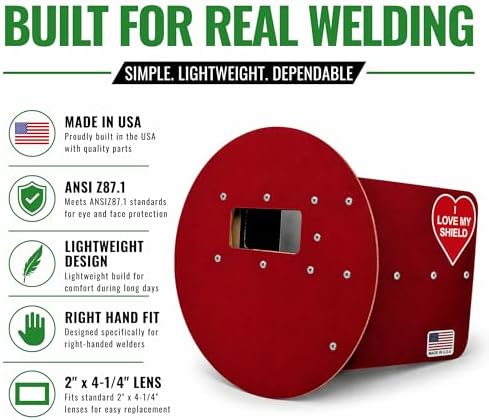 Red Pancake Welding Hood Right Handed, 2" x 4-1/4" Lens Welding Shield, ANSI Z87.1, Lightweight Low Profile