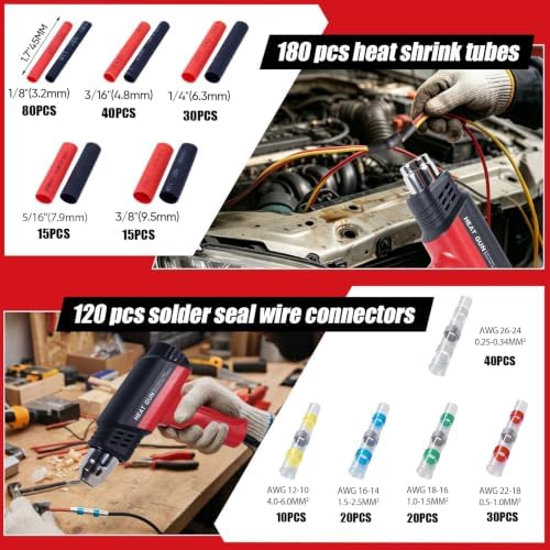 2000W Heat Gun Kit with 300PCS 10–26 AWG Solder Seal Wire Connectors & Waterproof Heat Shrink Tubing, 2 Temperature Max 1202℉ Compact Hot Air Gun with 4 Nozzles for Automotive, Marine & Wiring Repair