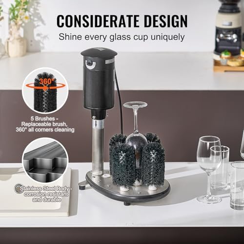 VEVOR Electric Commercial Glass Washer, 5-Brush Bar Glass Cleaner, 1200 Cups/Hour Wine Glass Cleaning Machine, Bar Glass Washer for Champagne Glasses, Beer Cups, Mugs, Perfect for Bars and Cafes