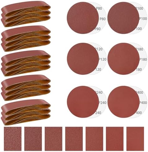 55PCS 4x36 Alumina Sanding Belts with 6" Self Stick No Hole Sanding Disc