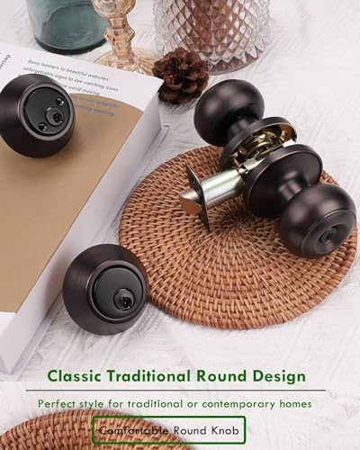 4 Pack Keyed Alike Door Knob with Double Cylinder Deadbolt Lock Set, Oil Rubbed Bronze Door Lock Sets Exterior, Round Style Door Knob Deadbolt Combination Set