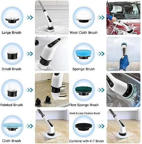Electric Spin Scrubber, Cordless Telescopic Rechargeable Cleaning Brush, 8 Replaceable Heads, 2 Speed Adjustable for Bathroom & Floor