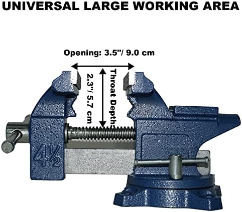 Bench Vise 4.5 Inch Jaw Width 3.3 Inch Jaw Opening Home Vise - Secure Grip with 240° Swivel Base Home Vise Rotation Base - Assembled with a Combination of Heavy Duty Cast Iron and Steel - Blue