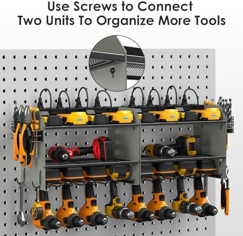 CCCEI Modular Power Tool Organizer Wall Mount Charging Station, Grey 6 Drills Holder with 8 Plug Power Strip 10FT, Garage Drill Battery Heavy Duty Metal Shelf, Utility Rack with Hooks, Side Storage.