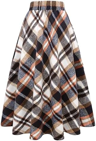 IDEALSANXUN Womens Plaid Wool Skirts Elastic Waist A-Line Pleated Tartan Long Skirts