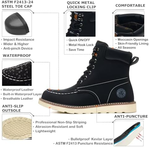 Steel Toe Boots for Men-6 Inch Moc Toe Safety Work Boots Non-Slip Resistant Indestructible Construction Western Boot Mens Steel Toes Shoes