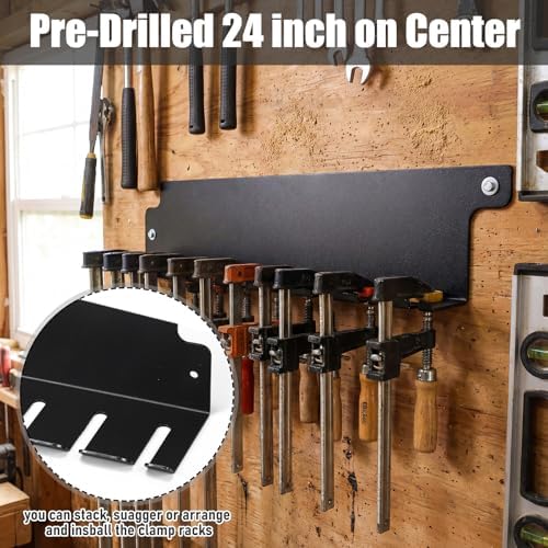 LEIFIDE 2 Pack Parallel Clamp Rack Black Help to Store Heavy Duty Clamps 24'' Long Stainless Steel Clamp Holder Pre-Drilled 16 inch on Center for Mounting to Wall Stud Workshop Organizer and Storage