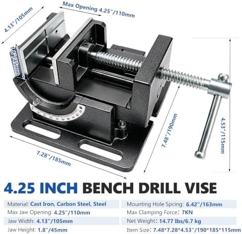 4.25 Inch 0-90°Tilting Vise, Durable Cast Iron Bench Drill Vise, Portable Angle Adjustable Drill Press Vise Clamp for Drilling Machine, Milling, Woodworking, Metal Machining