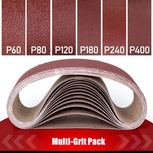 BOSHCRAFT 12 Pcs 4"x24" Sanding Belts, 60/80/120/180/240/400 Grit (2 Pcs Each) Aluminum Oxide for Woodworking & Metalworking