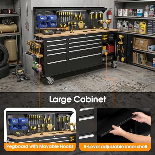 72" Rolling Tool Chest, 10 Drawers Garage Workbench Storage Tool Cabinet with Power Strip, Solid Rubber Wood Top, Pegboard, Light Strip, Mobile Workstation with Key Locking System