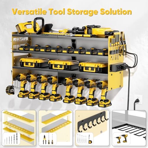 POKIPO Large Power Tool Organizer Wall Mount with Charging Station,4 Layer Heavy Duty Metal Storage Rack Loads 600lbs with 8 Cordless Drill Holder,Battery Utility Rack Gift for Garage workshops Room
