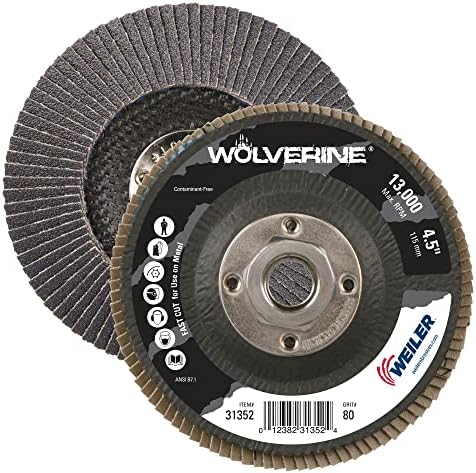 Weiler 31352 Wolverine 4-1/2" x 5/8"-11 UNC NUT Abrasive Flap Disc, 80 Grit Zirconia Alumina, Bevel Type 29, Phenolic Backing, Standard Density (Pack of 10)