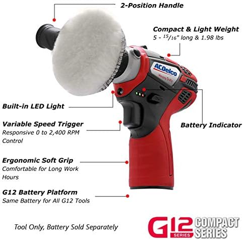 ACDelco ARS1214-K6 G12 Series 12V Cordless Car Buffer & Drill Driver Combo Kit, 3" Mini Polisher with 2 Variable Speeds, Li-ion Batteries and Accessory Set for Scratch Removing