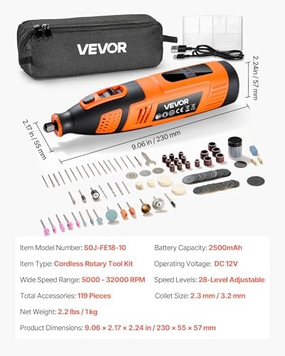 VEVOR 119-Piece Cordless Rotary Tool Kit, DC12V Portable Mini Power Rotary Tool, 28-Level Speed 5000-32000 RPM Multi-Purpose DIY Tools for Engraving, Sanding, Polishing, Carving, Cutting, DIY Crafts
