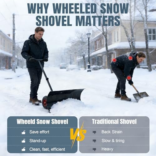 29" Push Snow Shovel with Wheels for Driveway, Heavy Duty Adjustable Angle Wheeled Snow Pusher Shovel, Metal Rolling Snow Pusher, Snow Plow Shovel on Wheels for Snow Removable, 29"x16.5" Blade