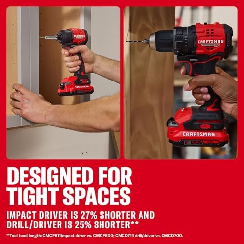 CRAFTSMAN V20 Brushless RP Drill Driver and Impact Driver Compact 2 Tool Combo Kit With 2 x 2ah Battery and Charger, 1900 RPM Power Drill, 2100 Torque Cordless Impact (CMCK1411D2)