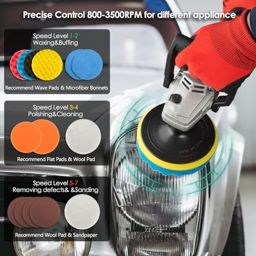 KITLUCK Buffer Polisher, 12Amp 6″/7″ Rotary Polisher for Car Detailing, 1400W 7 Variable Speed Car Buffer Polisher Machine, 800-3500RPM, with Foam Pad, Wool Pad For Car Polishing, Buffing, Waxing
