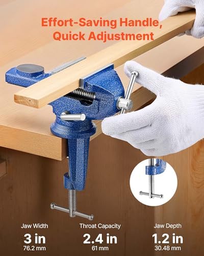 VEVOR Bench Vise, 3 Inch, Portable Workbench Vice with 360° Swivel Base, Quick Release Rotating Bench Clamp, Raised Base, Cast Iron Construction, for Woodworking, Metalworking, Drilling, and Cutting