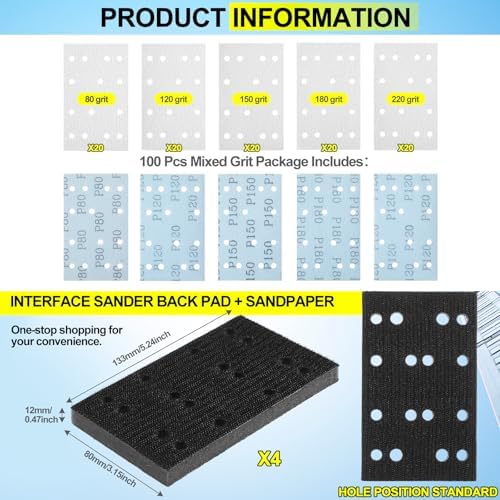 100 Pack 80 x 133 mm Rectangular Abrasive Sanding Sheet Bulk Set P80 120 150 180 220 Grit with 4 Soft Black Foam Sanding Pad Sandpaper for Sheet Sanders Compatible with Festool Rs400 Ls130