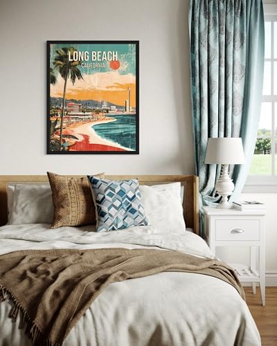 Long Beach California Black Framed Wall Art Print Poster, US Vintage Retro Beach Scenery Posters Prints for Restroom Home Picture Painting Artwork Gallery 219 (Long Beach California, 14"L x 11"W, Black Frame)