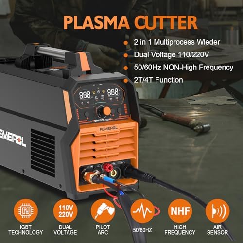 FEMEROL 2 in 1 Plasma Cutter & Stick Welder, Non-High Frequency 60A Plasma Cutting Machine 200A MMA Welder, Large Digital Display Non-Touch Pilot Arc, 110V/220V Dual Voltage Welder Combo
