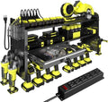 KSVO Power Tool Organizer Wall Mount with Drill Holder, Grinder Bracket, Hammer and Pliers, Locking Drawer, 6-Outlet Charging Rack - Heavy Duty Metal Tool Storage Garage, Workshop (Yellow)