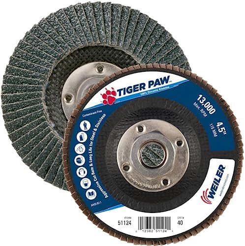 Weiler 51124 4-1/2" Tiger Paw Abrasive Flap Disc, Conical (Ty29), Phenolic Backing, 40Z, 5/8"-11 Unc Nut (Pack of 10)