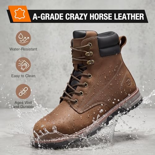 NINGO Steel Toe Work Boots for Men, Water Resistant Crazy Horse Leather