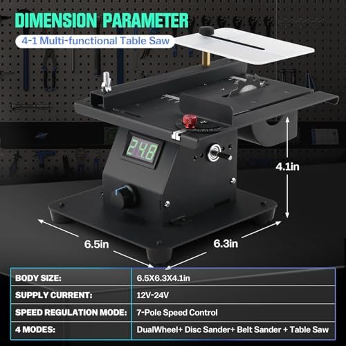 4-1 Mini Multi-functional Table Saw with Voltage LED Display and 7 Speed Adjustable, Mini Table Saw for Crafts with 10 Sanding Belts, 90° Adjustable Belt Sander, Dual Bench Grinder