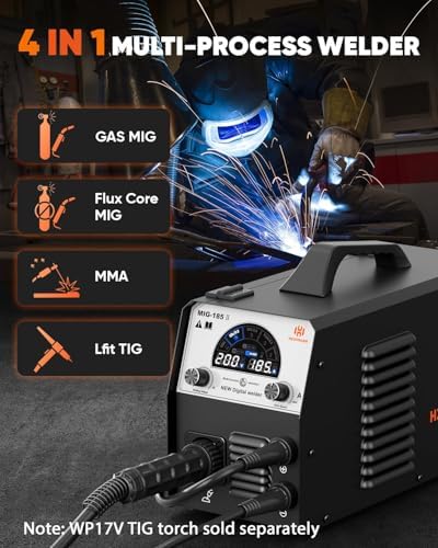 H HZXVOGEN 185A MIG Welder, 110V/220V Dual Voltage, 4-in-1 Gas MIG/Flux Core MIG/Lift TIG/Stick Welding Machine with Synergic Multiprocess Large LED Digital Display, IGBT Inverter