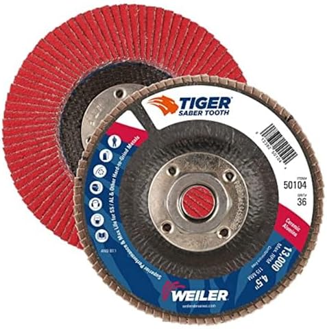Weiler 50104 Saber Tooth 5/8"-11 Arbor, 4-1/2" Diameter, 36 Grit, Ceramic, Phenolic Backing, Angled Abrasive Flap Disc (Pack of 10)