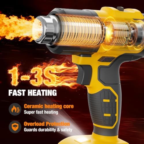 Cordless Heat Gun for DeWALT 20V MAX Battery, 7Pcs Nozzles&Scraper, LED Light, 350W Fast Heating Soldering Hot Air Gun, 2-Temp Setting Max 990℉(532℃), Heat gun for Shrink Tubing, Crafts (Tool Only)