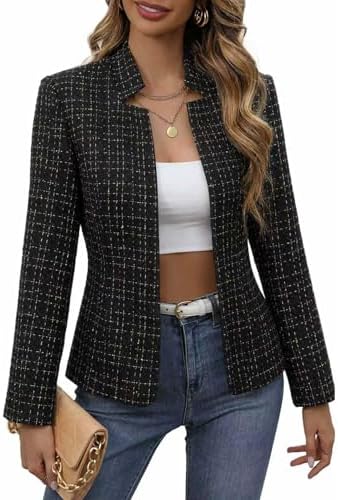 Mina Self 2026 Fall Women's Open Front Tweed Blazer,Plaid Fitted Jacket
